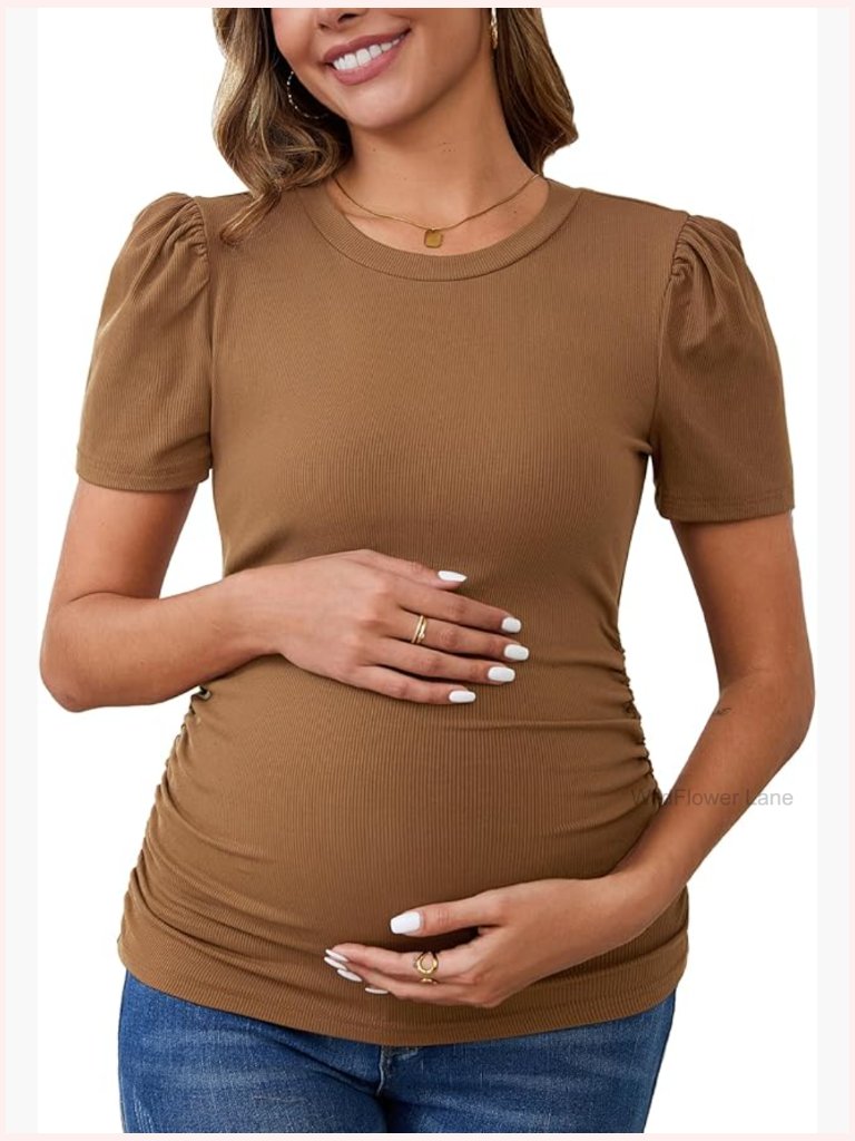 Maternity Work Top Blouse Short Sleeve Side Ruched Ribbed Knit Puff Sleeve